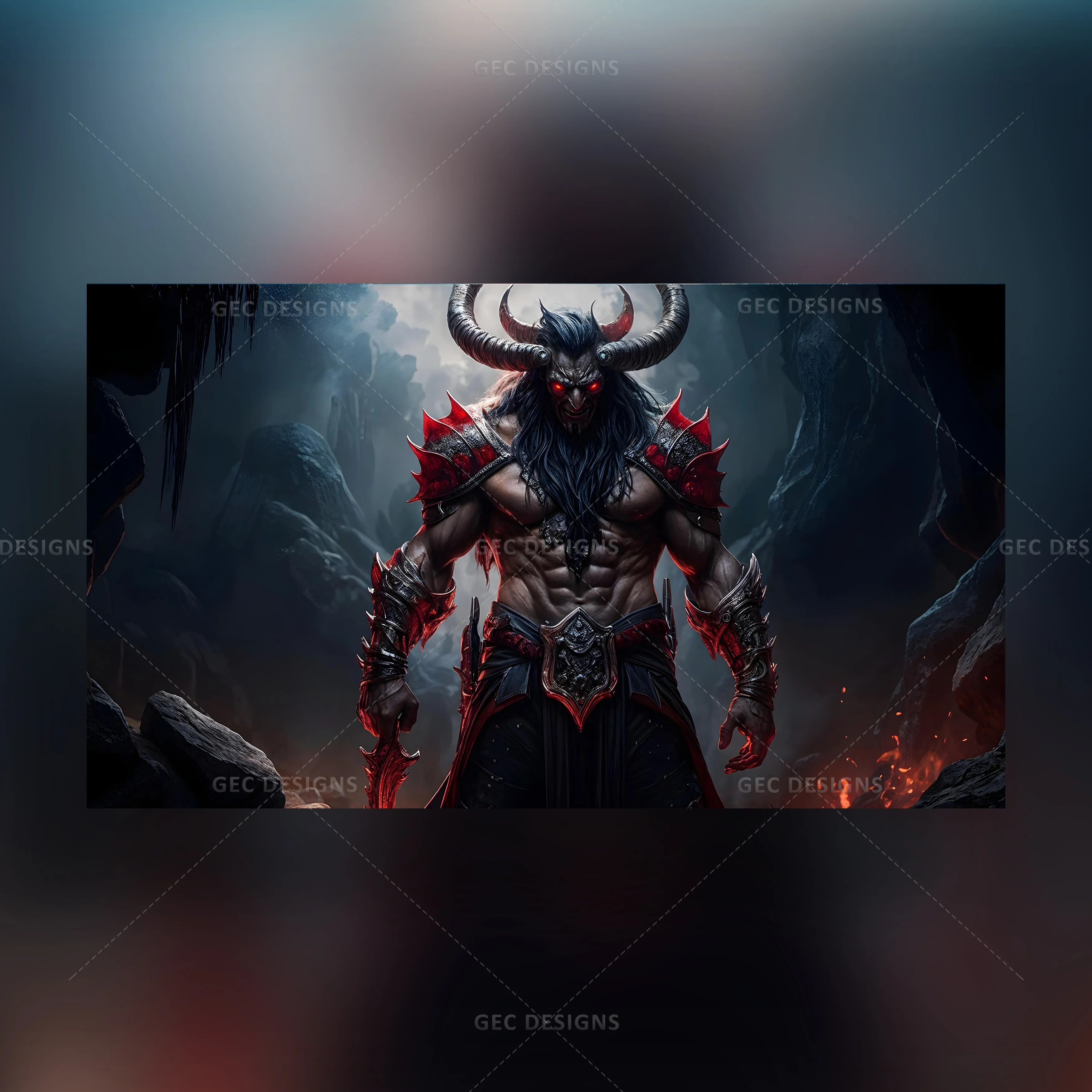 Halloween concept scary dark demon with evil red eyes and horns with ...