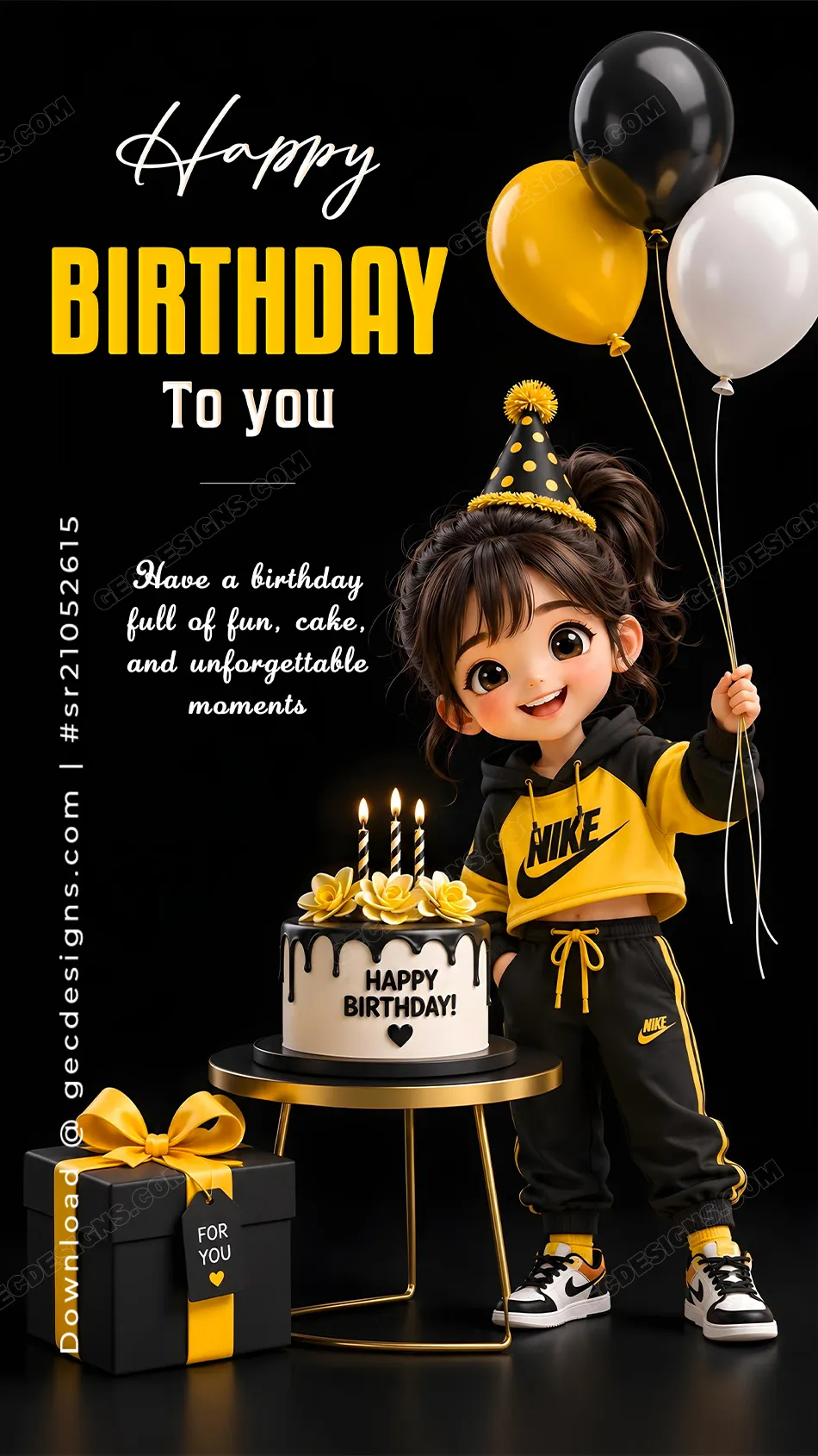Happy birthday image with girl holding balloons black and yellow theme