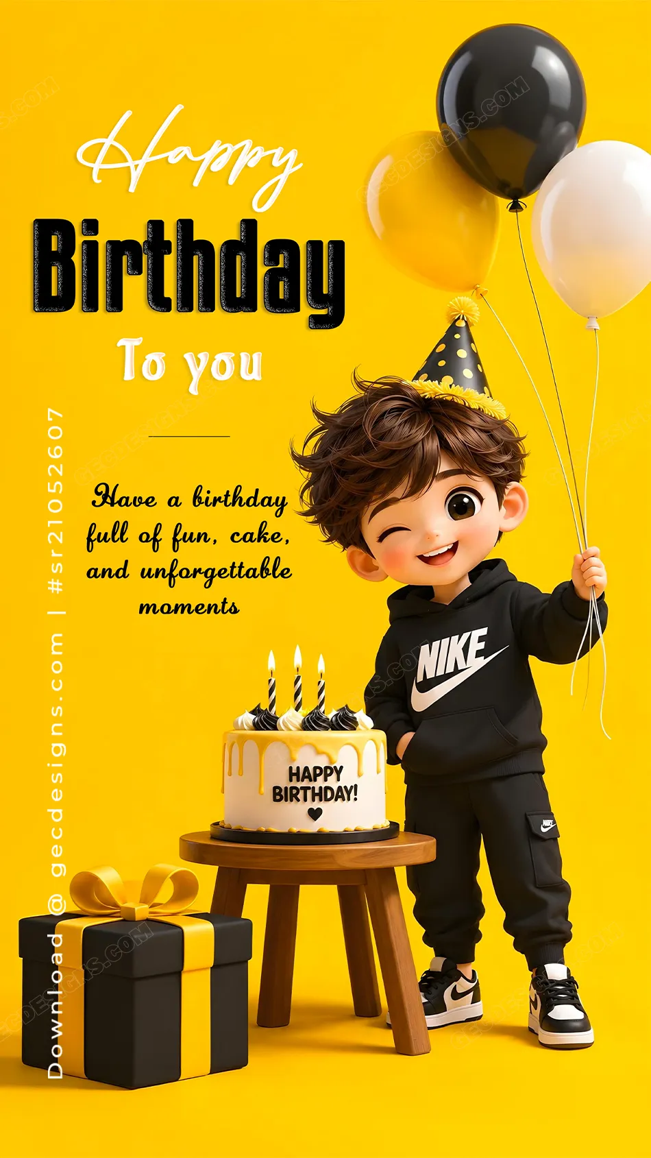 Happy birthday image with boy holding balloons black and yellow theme