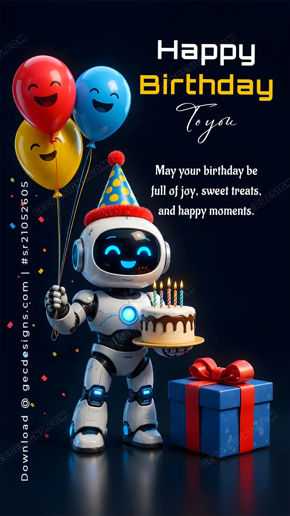 Happy birthday image with robot cake and balloons