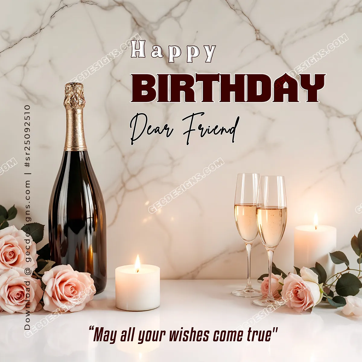 Happy Birthday Wishes Greeting with Champagne Bottle, Roses, and Candlelit Celebration