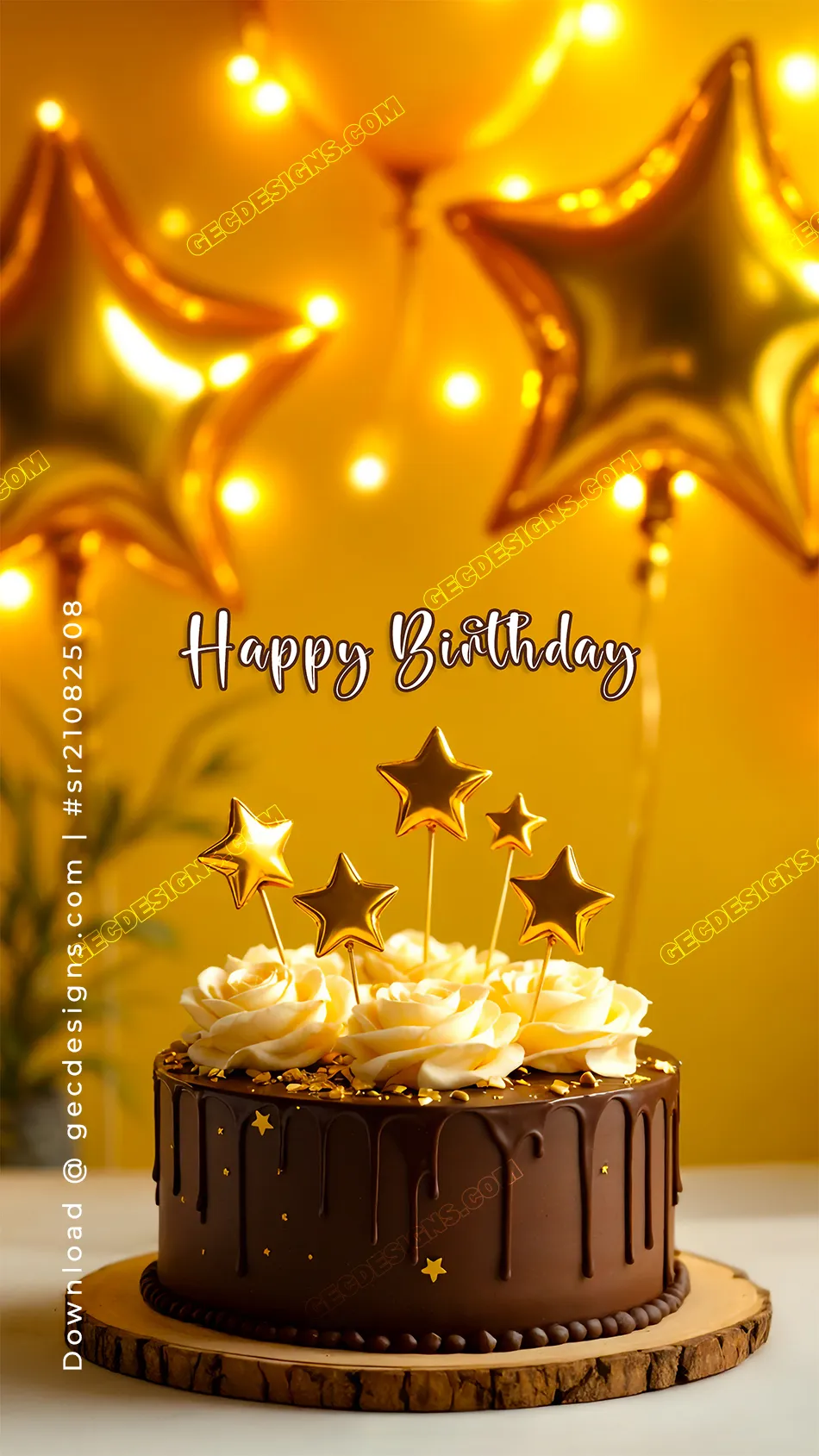 Happy Birthday Wishes Image with Chocolate Cake and Golden Decorations -  GEC Designs, image size:950x1689