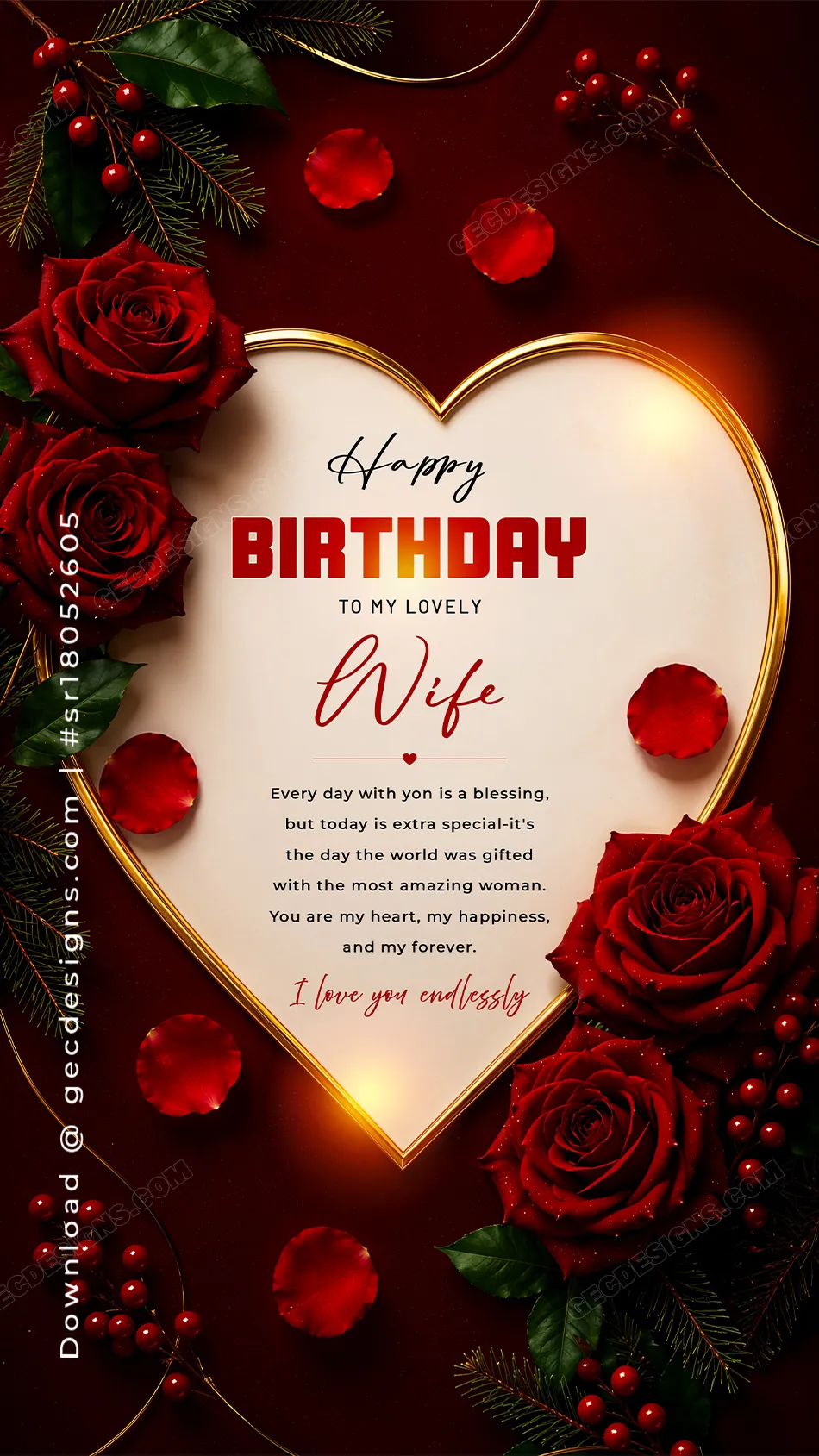 Happy birthday wishes image with heart frame and red roses for wife