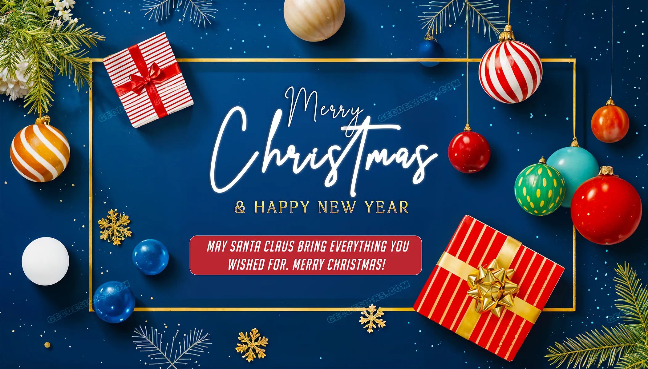 Happy Christmas wishes and Greetings in a Beautiful Blue Christmas  background - GEC Designs, image size:2104x1200