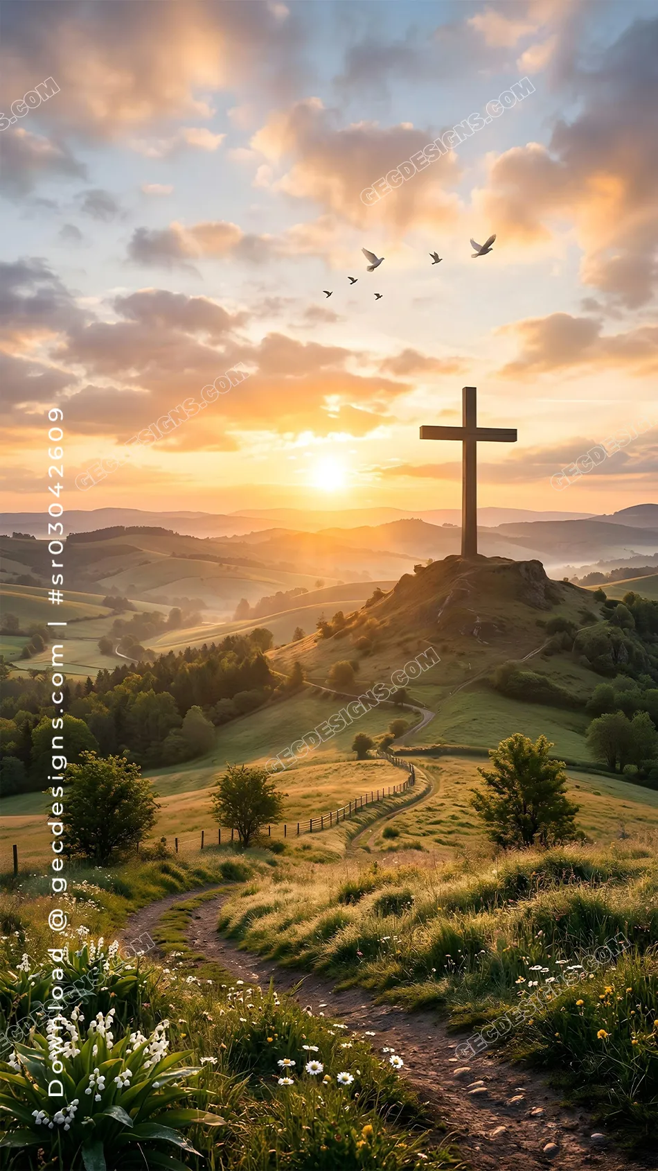 Happy Easter image of a sunrise cross over rolling green hills with birds, wildflowers, and soft golden light