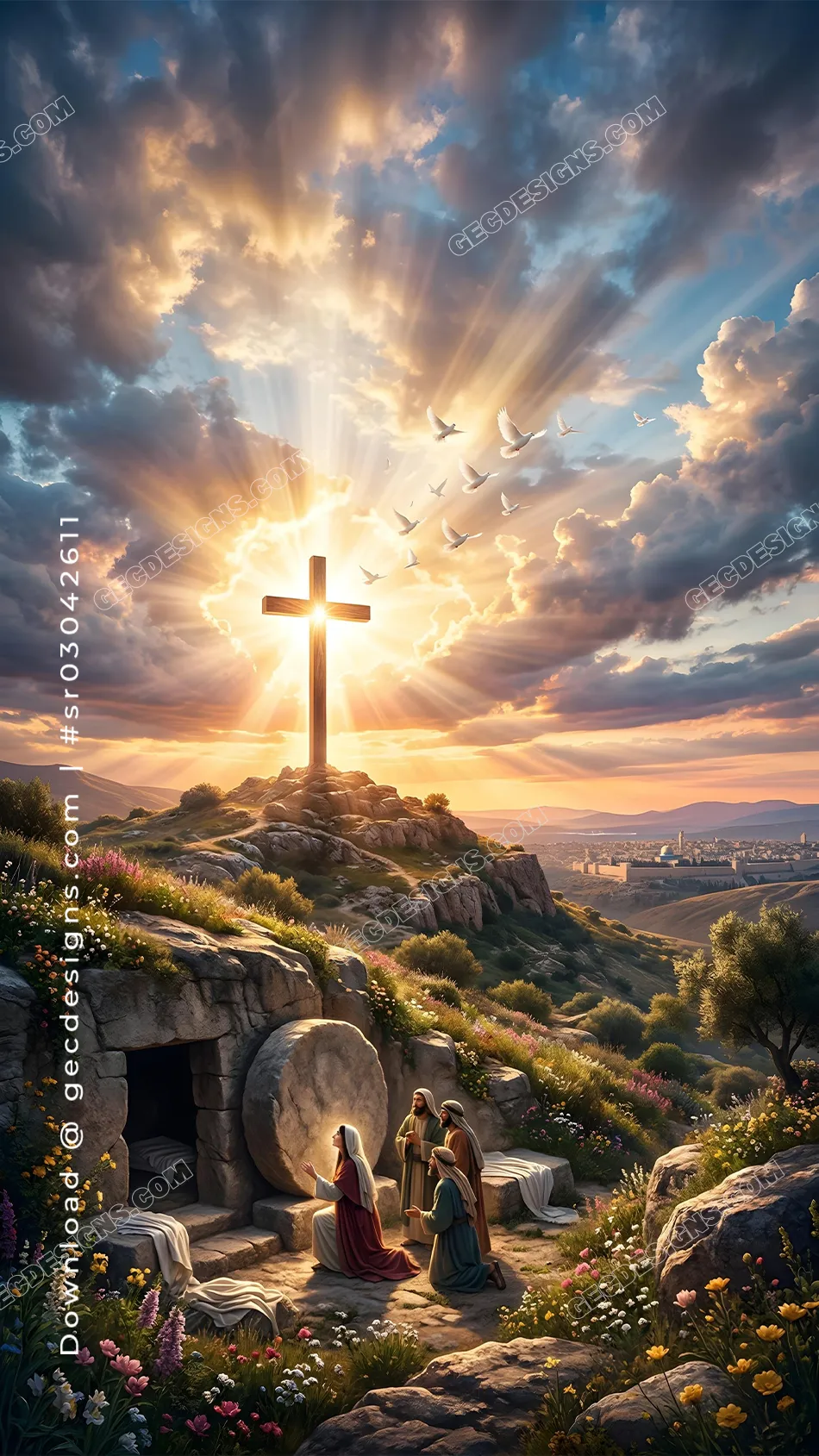 Happy Easter image of the empty tomb with a radiant sunrise cross, doves, and a hopeful resurrection scene