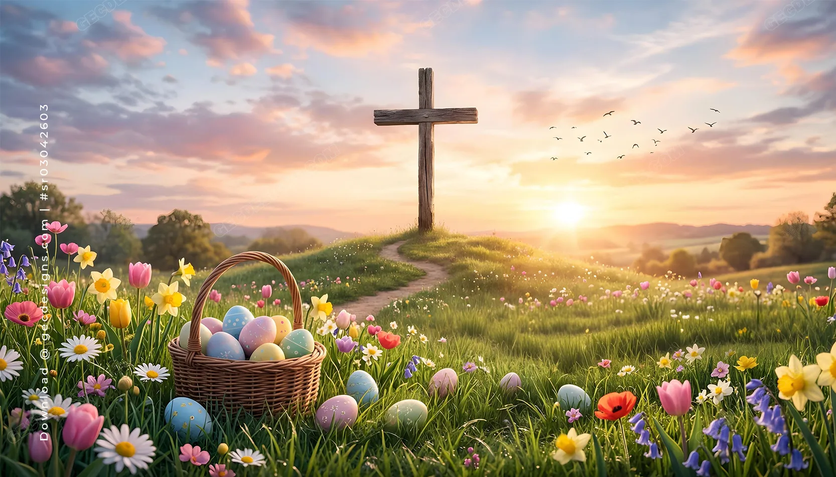 Happy Easter image with a sunrise cross, spring wildflowers, and a pastel egg basket in a peaceful meadow