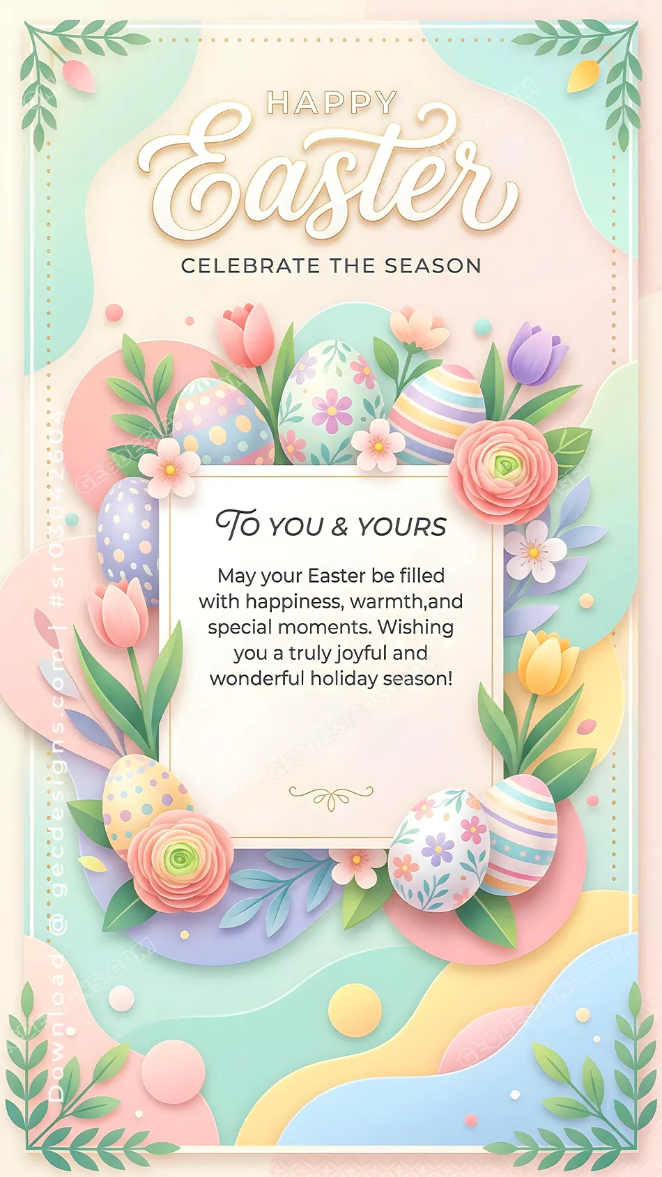 Happy Easter Wishes card with pastel eggs and spring flowers in a soft paper-cut style greeting design