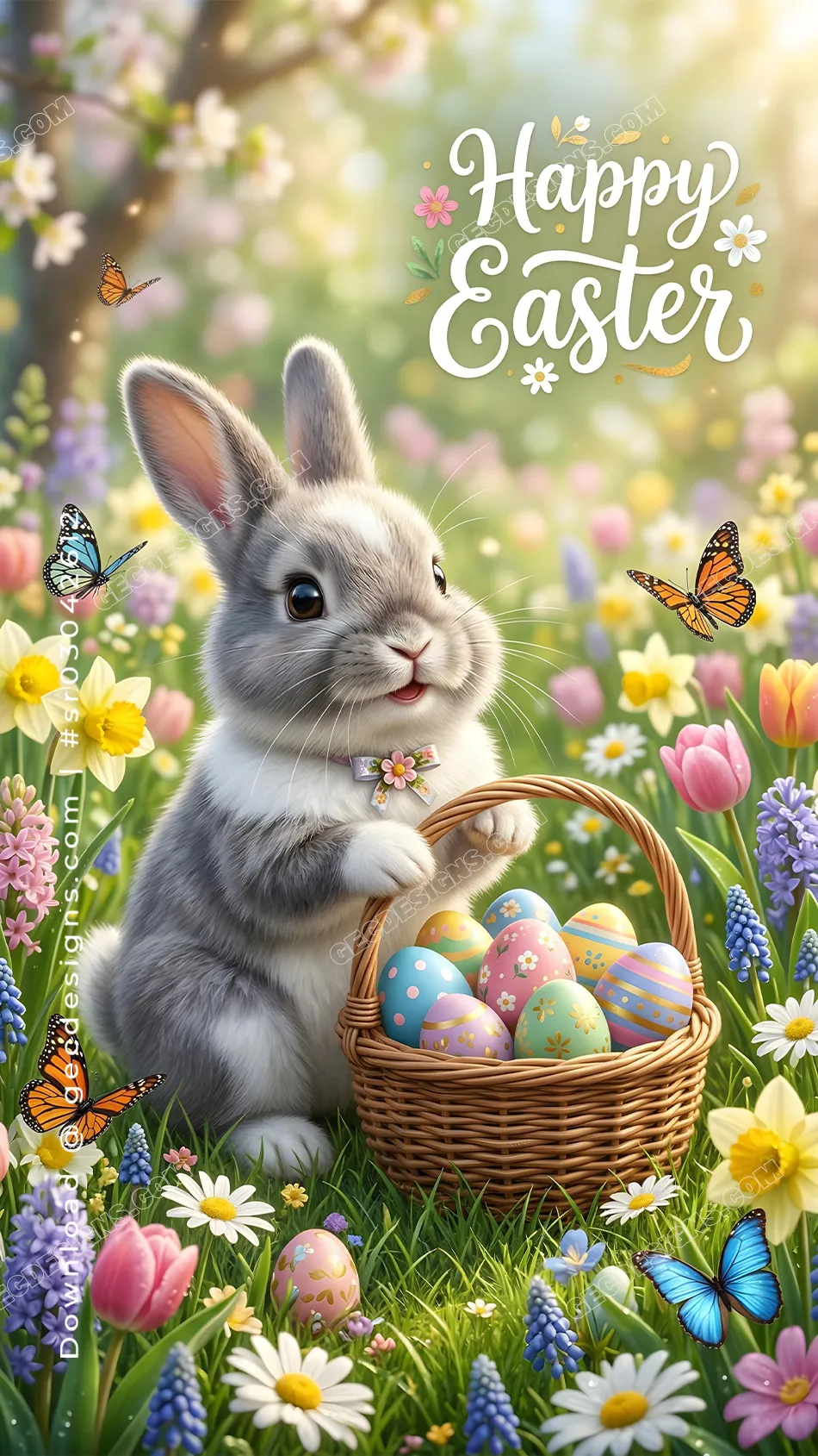 Happy Easter wishes image with a cute bunny holding a basket of pastel eggs in a colorful spring flower garden