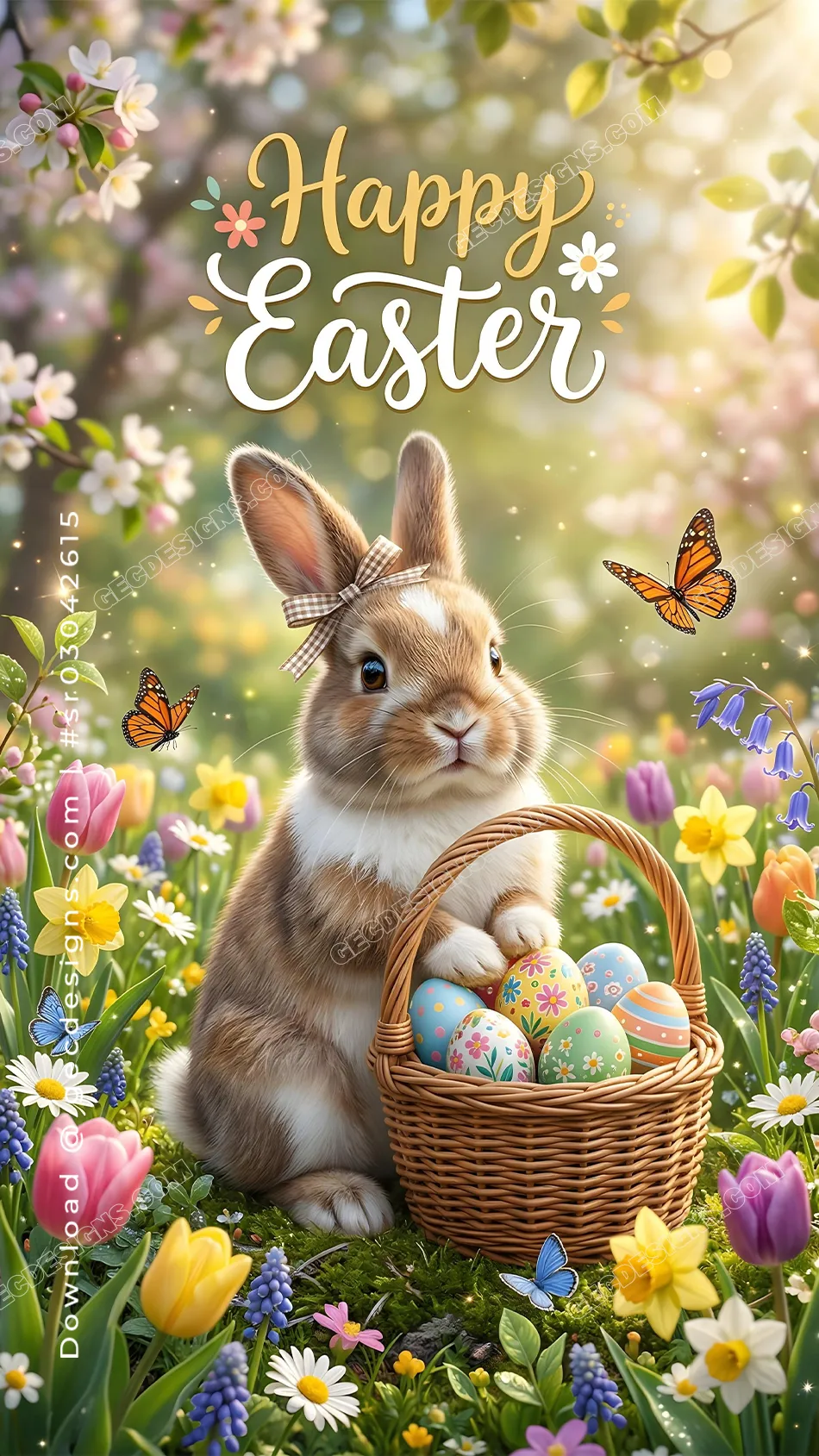 Happy Easter Wishes image with a cute bunny, pastel egg basket, butterflies, and spring flowers in soft sunlight