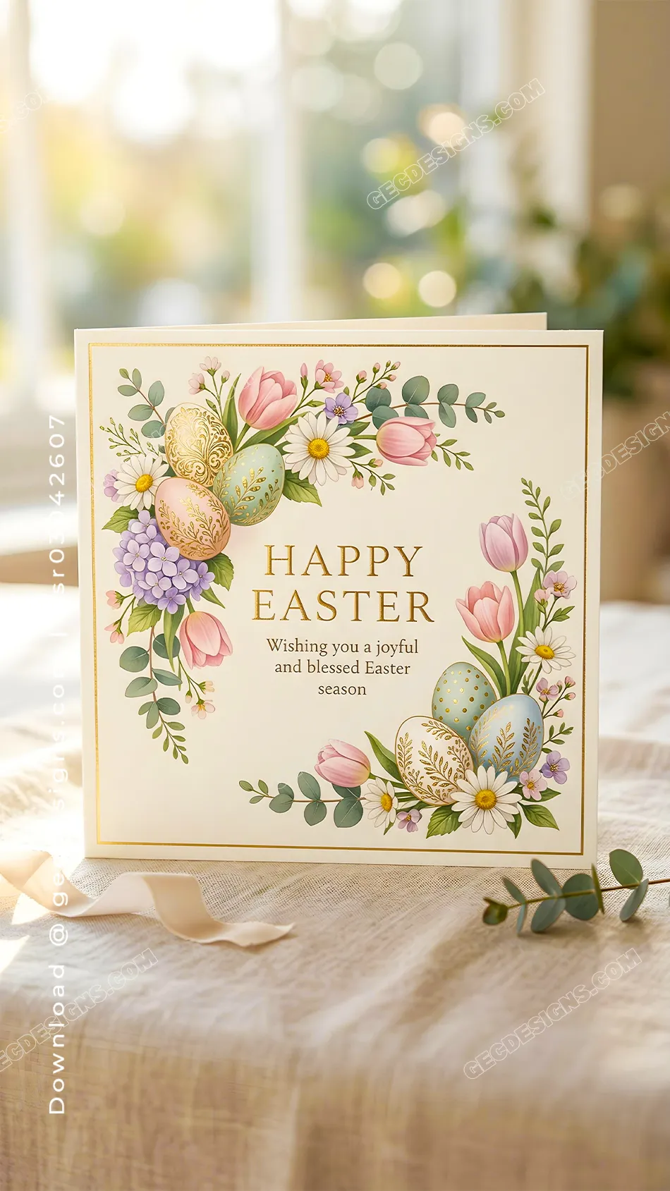 Happy Easter wishes image with elegant floral frame, pastel eggs, and a classic greeting card on the table