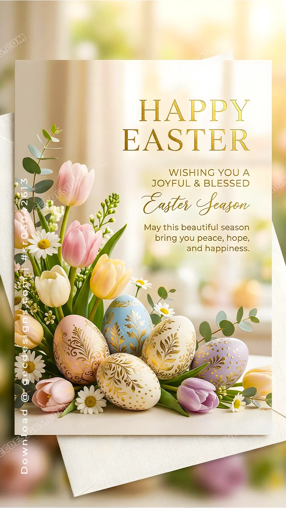 Happy Easter wishes image with elegant tulips and gold Easter eggs on a soft greeting card design