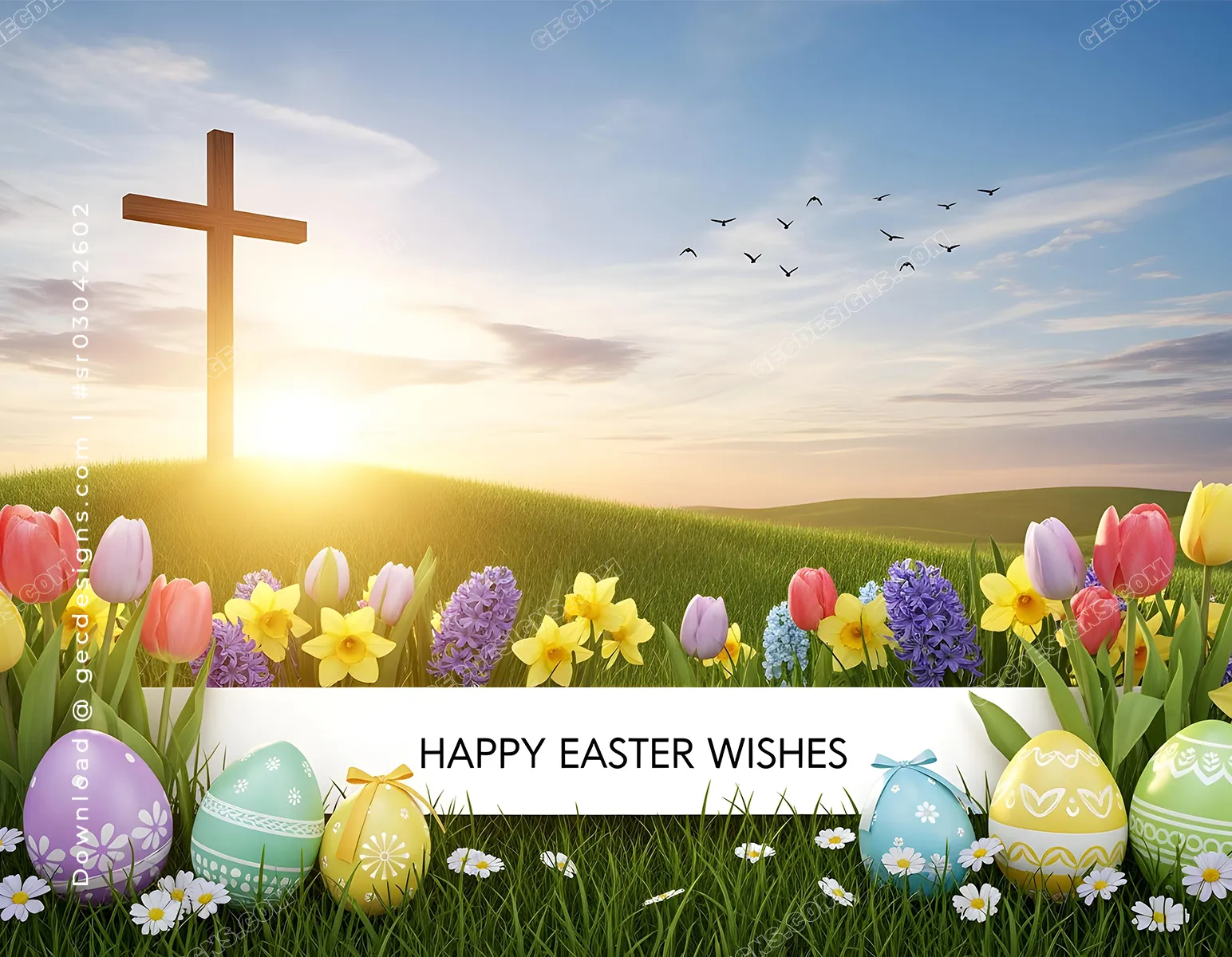 Happy Easter wishes image with sunrise cross, spring flowers, and pastel eggs on a bright greeting banner