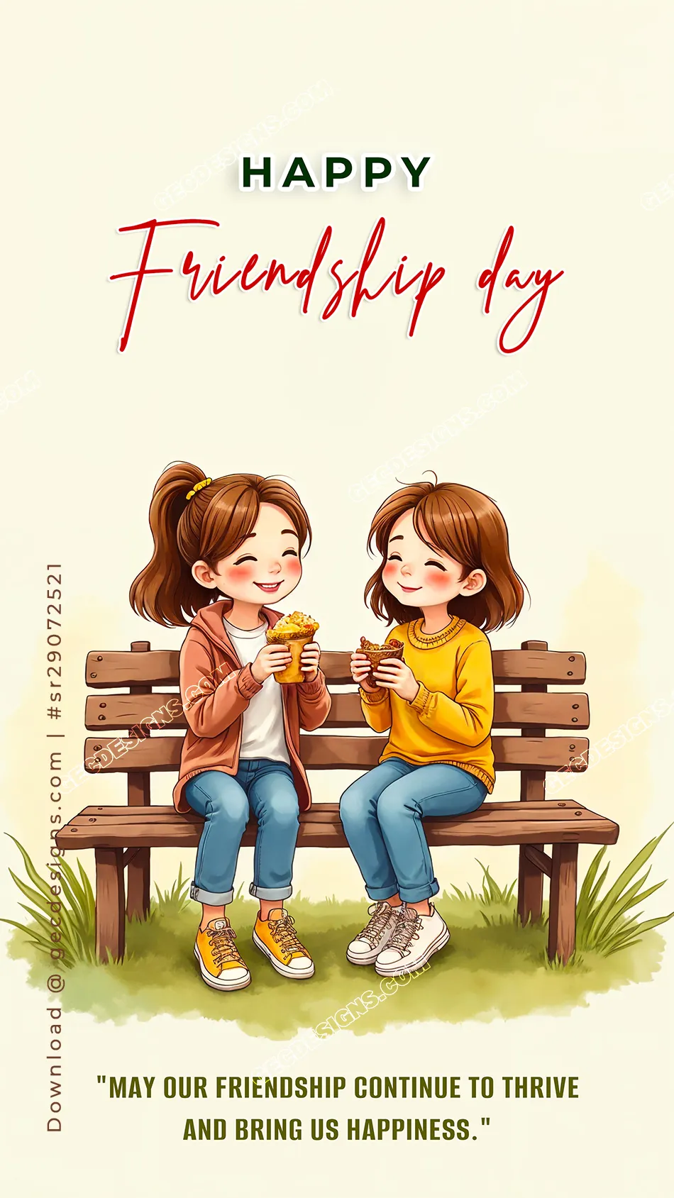 Happy Friendship Day Image of Two Girls Smiling on a Park Bench with Heartfelt Quotes