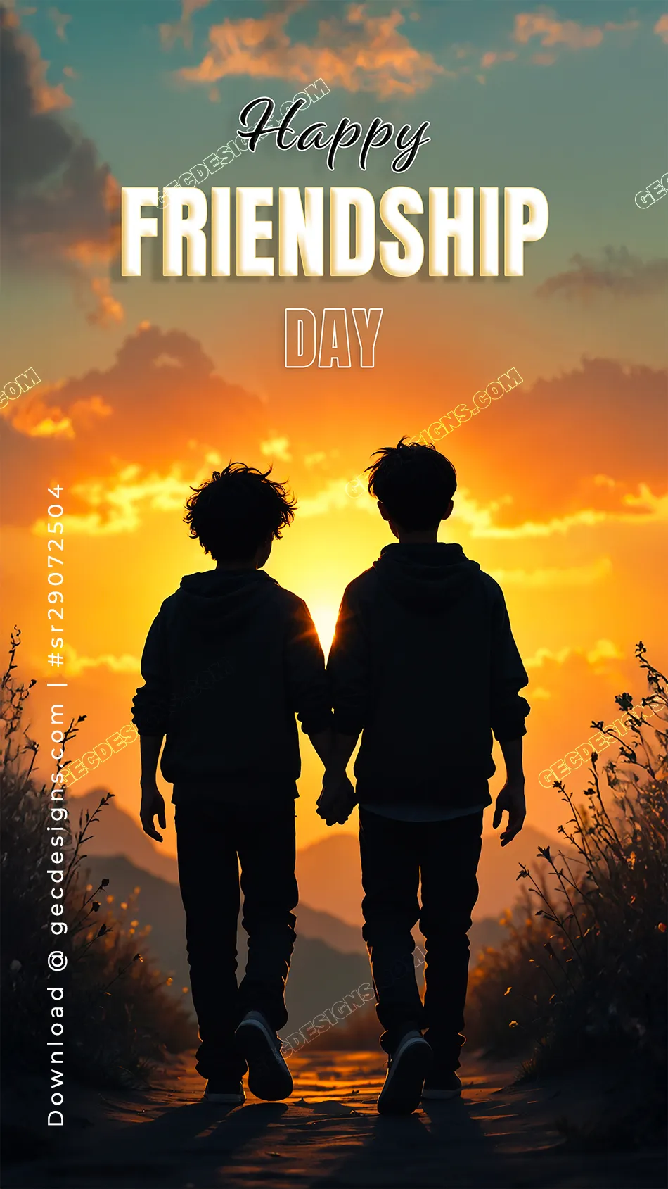 Happy Friendship Day Wishes Image of Two Boys Holding Hands in Sunset Silhouette