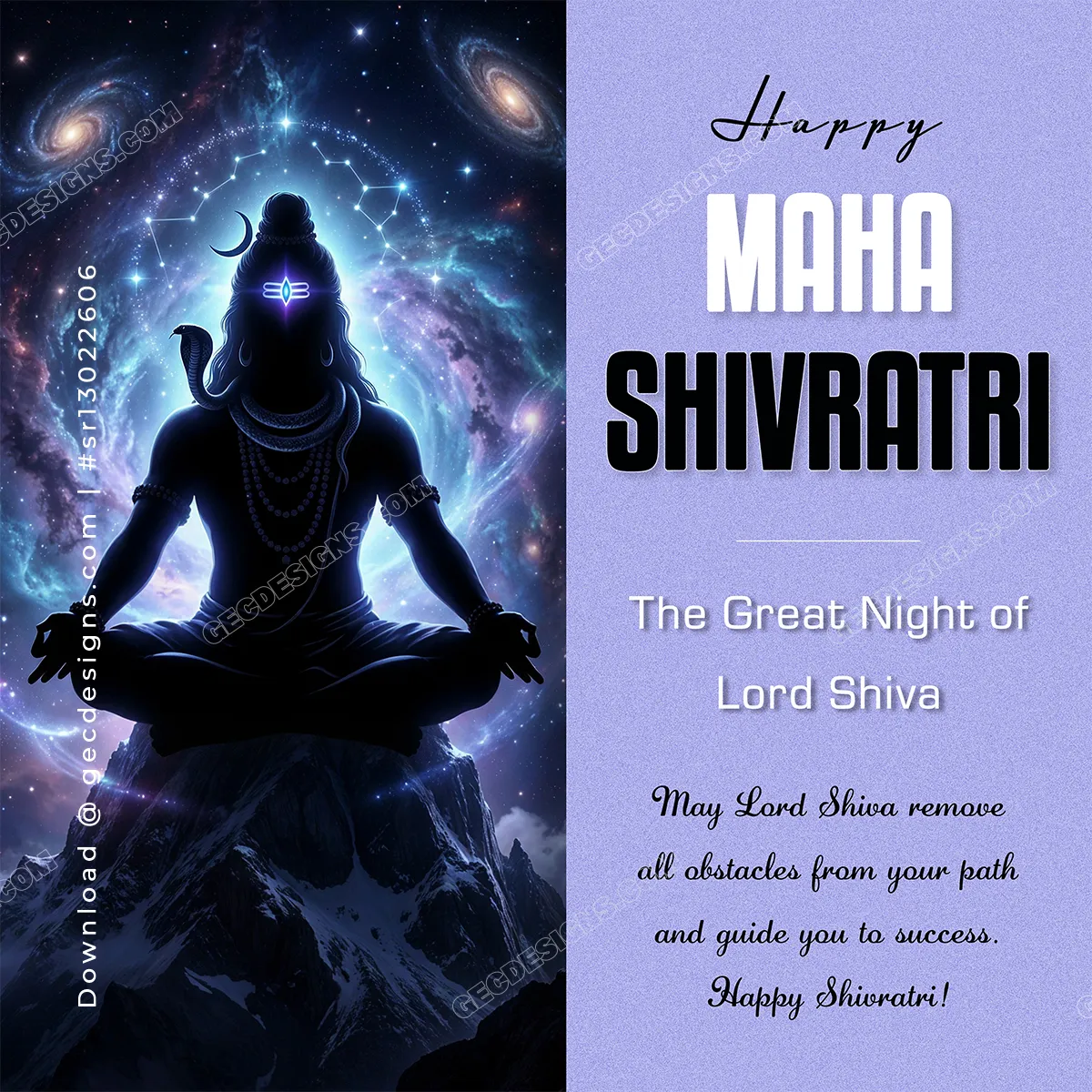 Happy Mahashivratri Wishes with Cosmic Meditating Lord Shiva and Galaxy Universe Background