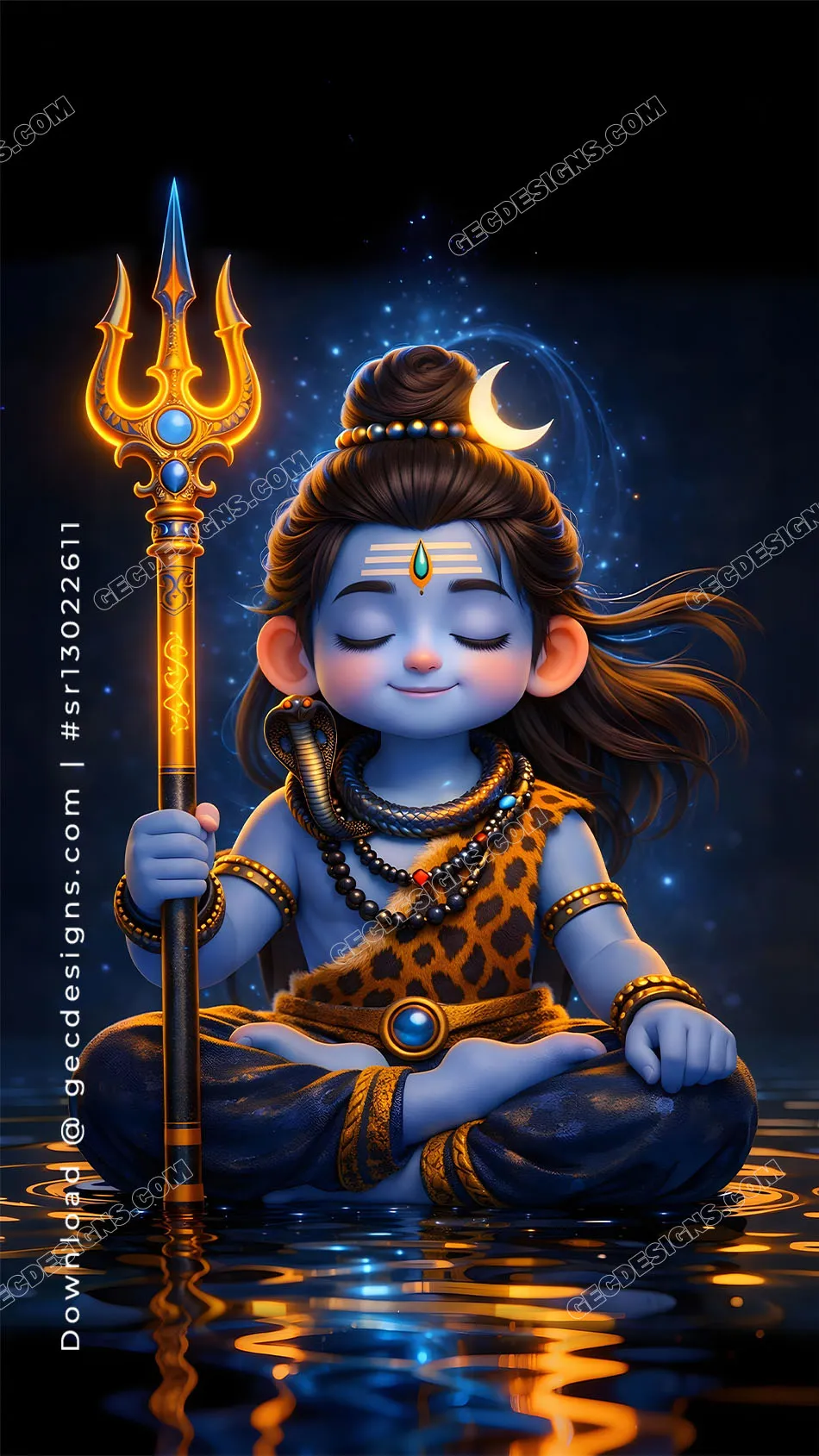 Happy Mahashivratri Wishes with Cute Bal Shiva in Peaceful Meditation and Golden Trishul Glow