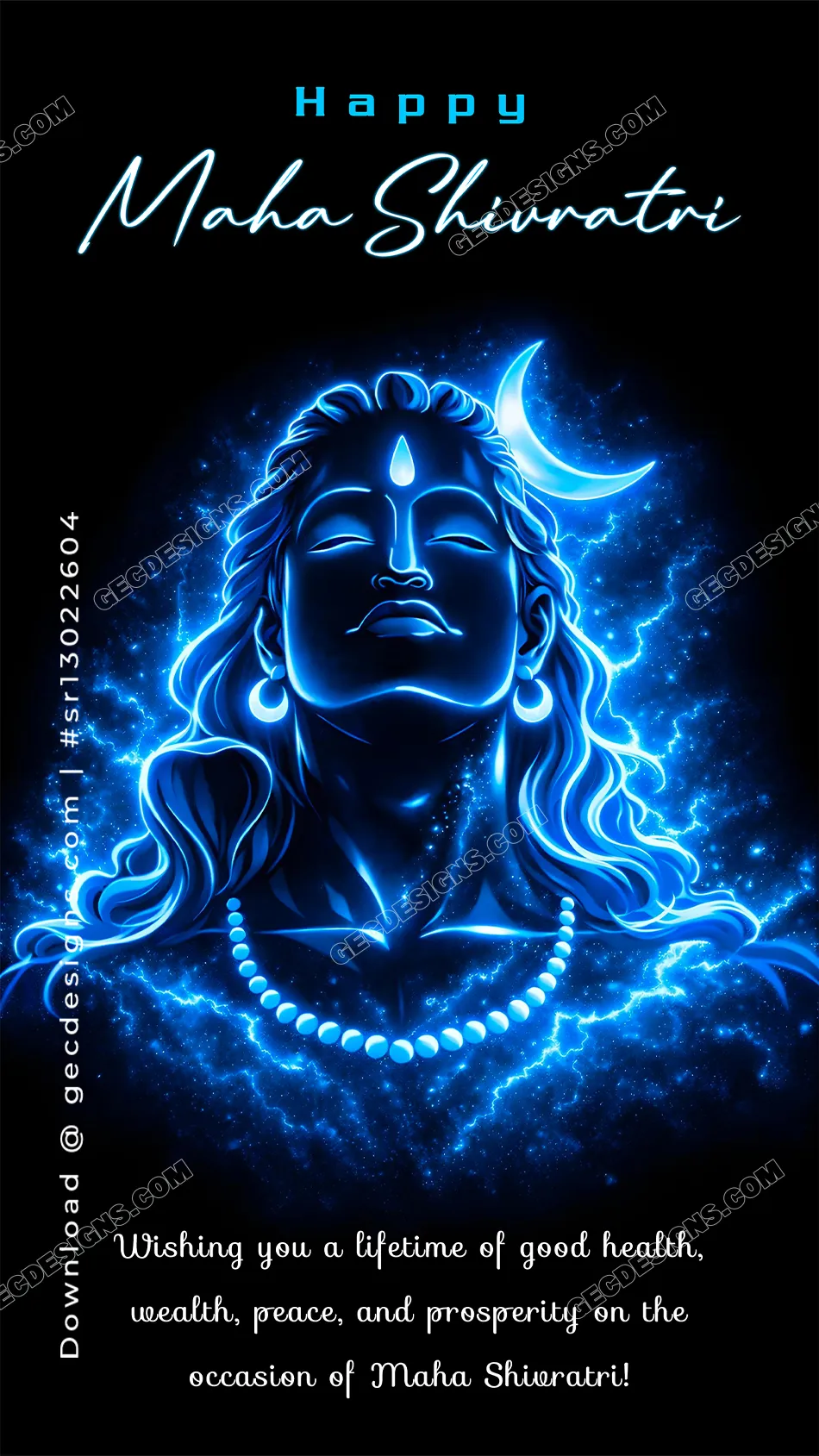Happy Mahashivratri Wishes with Neon Blue Lord Shiva Portrait and Cosmic Lightning Aura