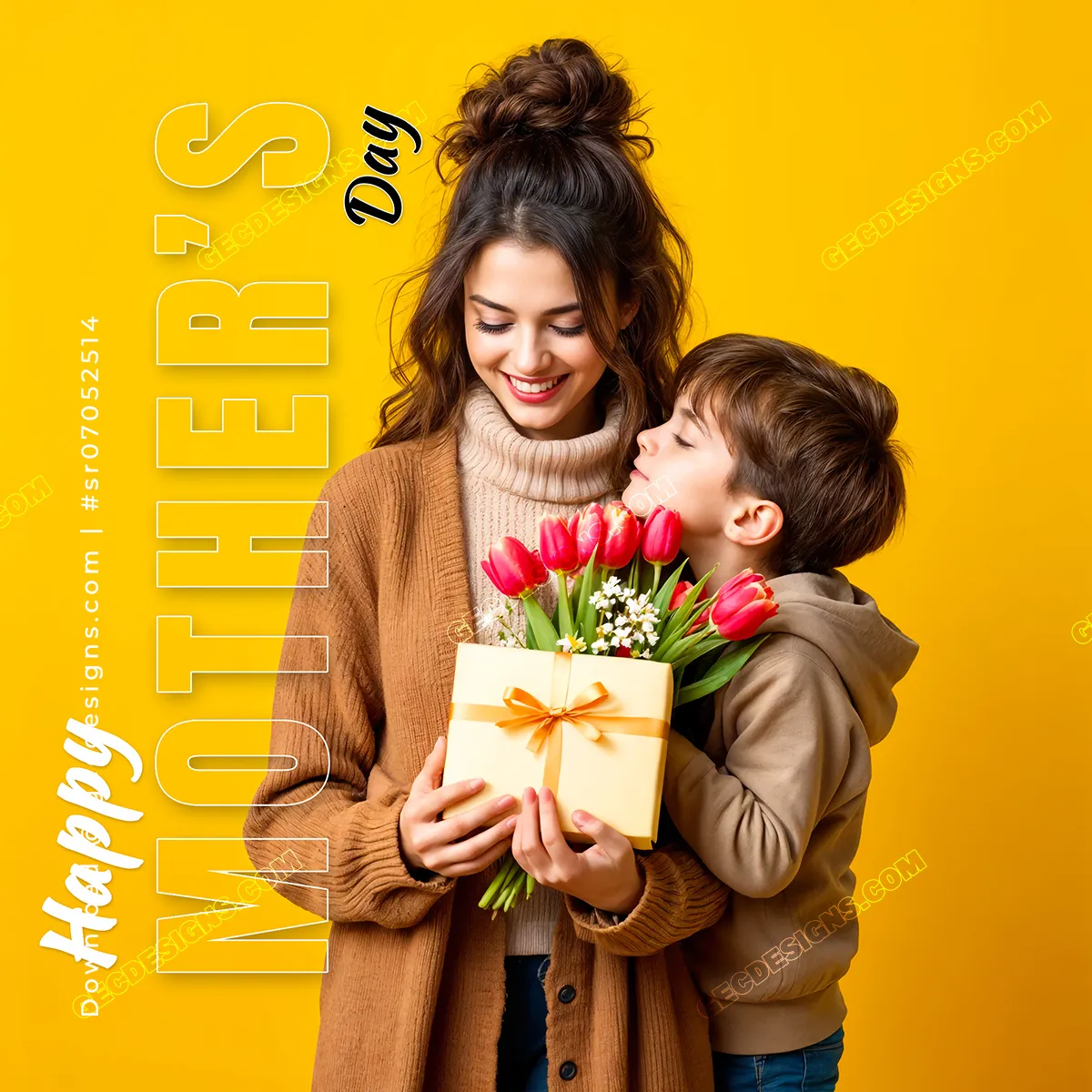 Cute Happy Mother’s Day image with son giving flowers and gift to his mom