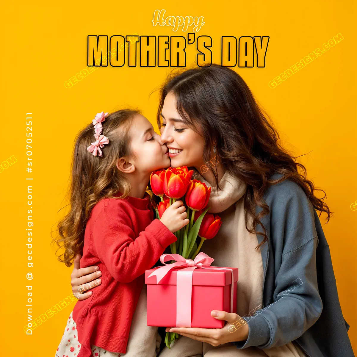 Bright Happy Mother’s Day image with daughter kissing mom while holding flowers and gift box