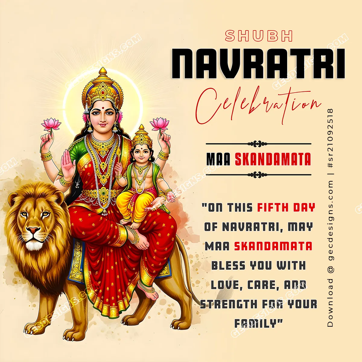 Happy Navratri 2025 Day 5 wishes with Maa Skandamata and child Kartikeya image