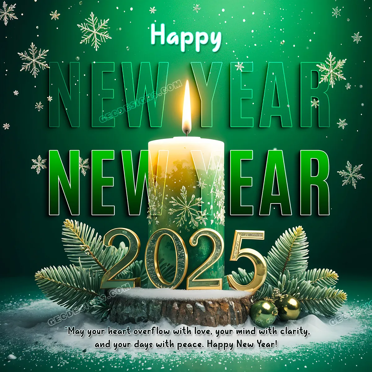 Happy New Year 2025 wishes with sparkling candles and snowflakes on a green background