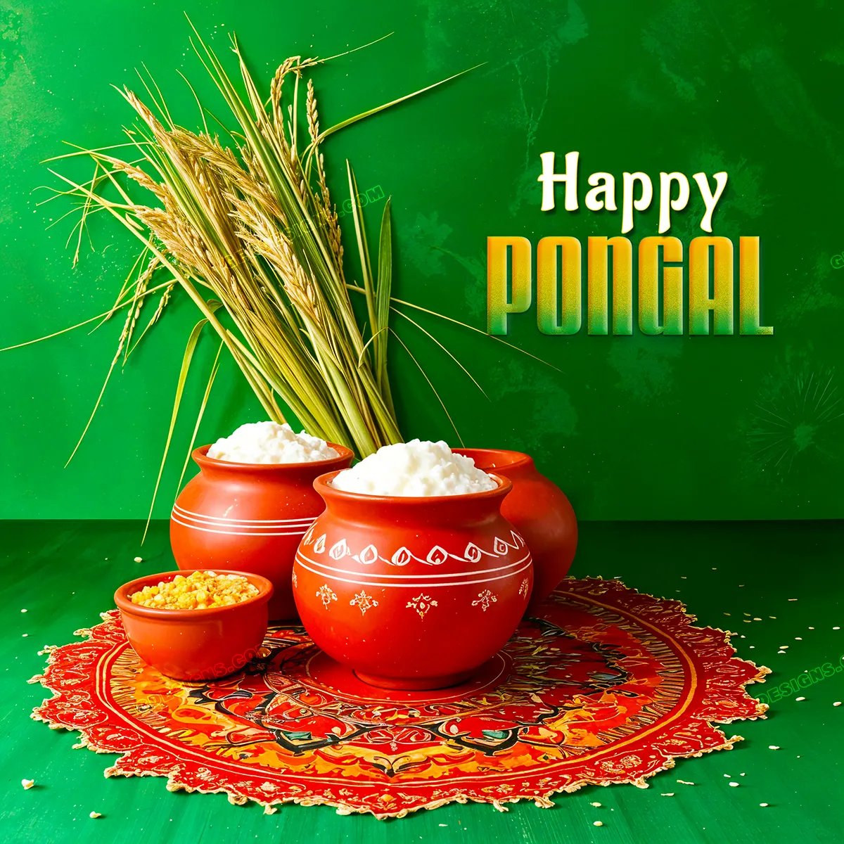 Happy Pongal 2025 Wishes and Greetings on a green background
