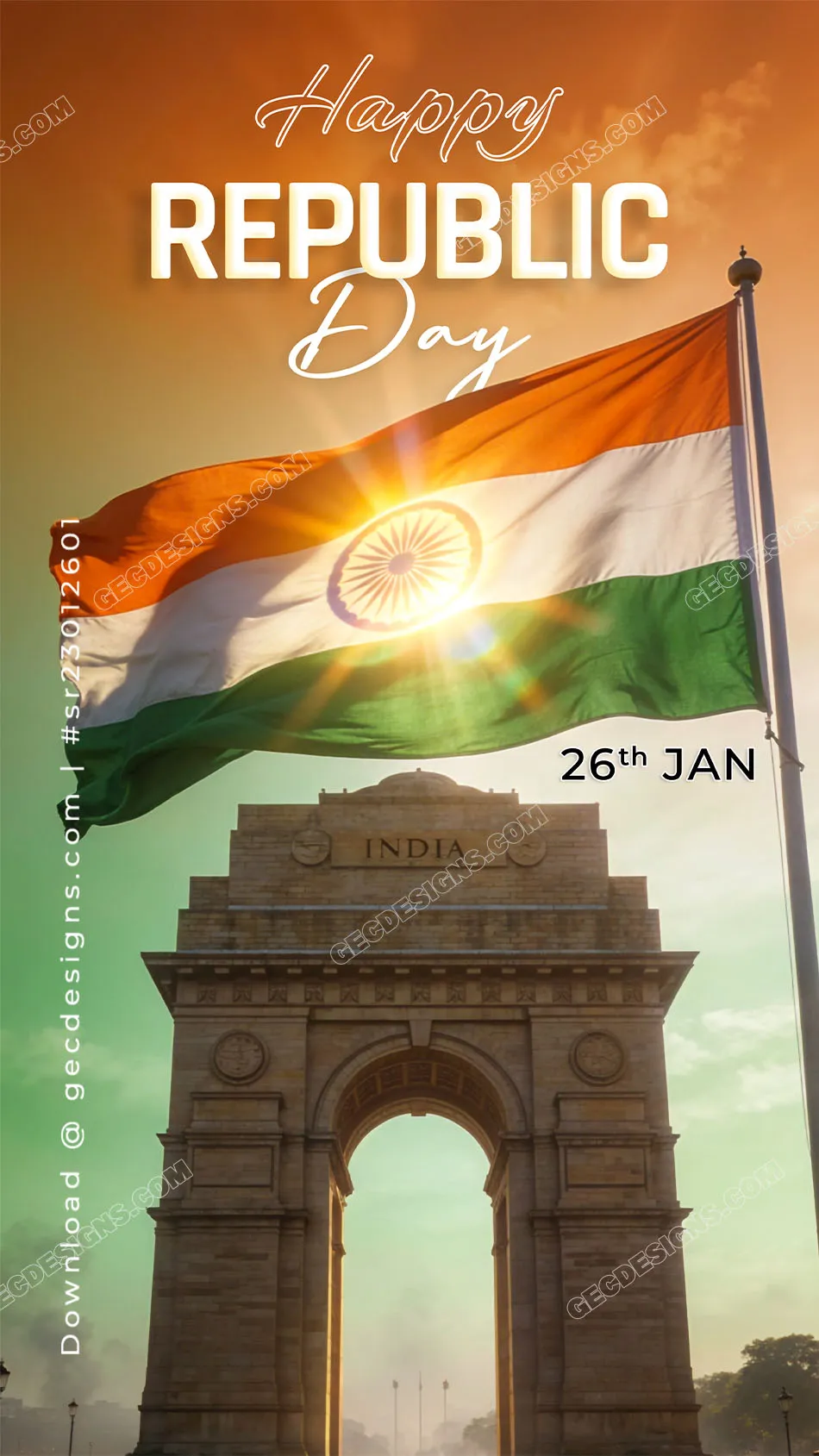 Happy Republic Day Image Representing Patriotism with Tricolor Flag and India Gate