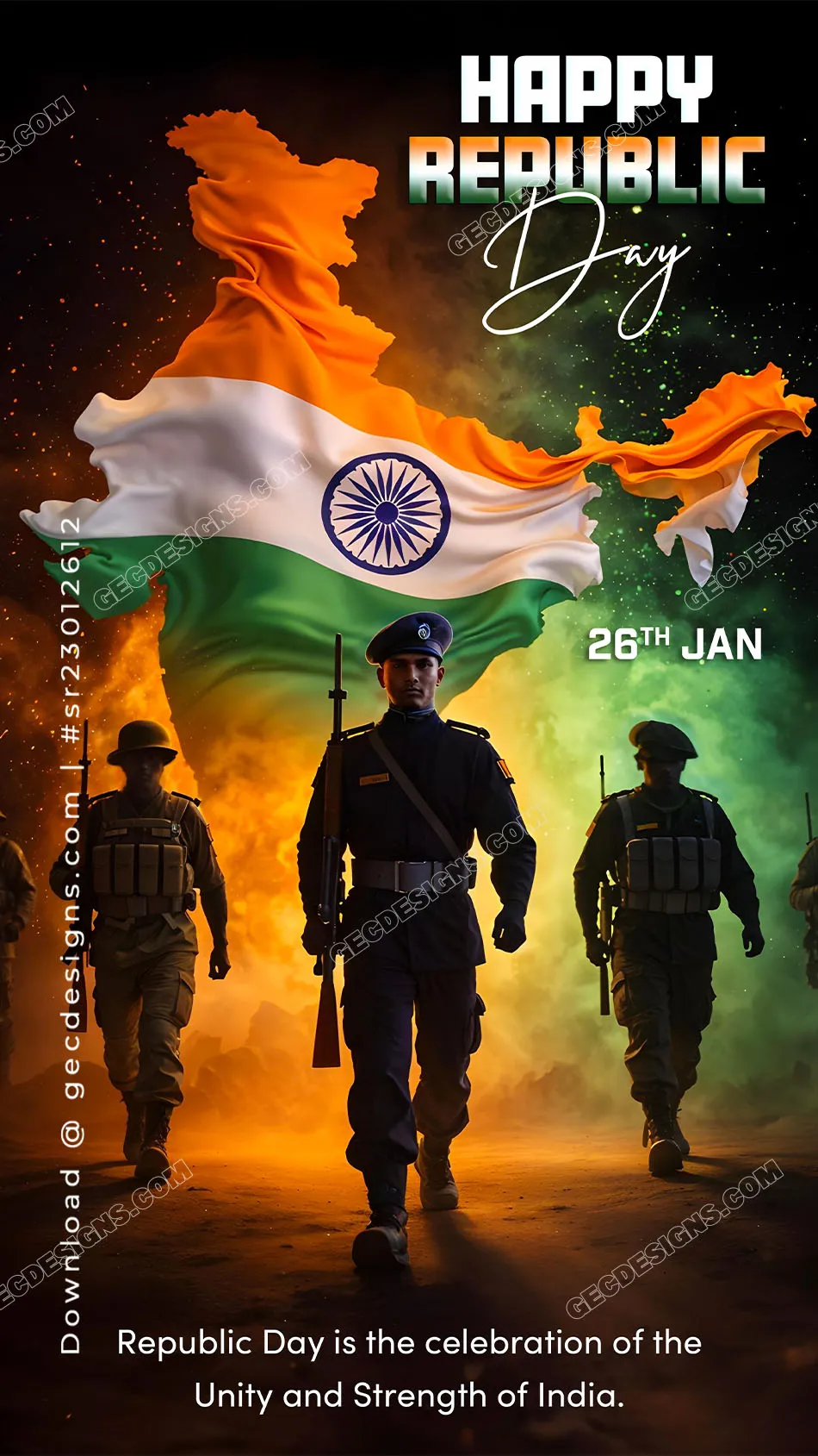 Happy Republic Day Wishes Image with Indian Soldiers Marching and Tricolor Flag Pride