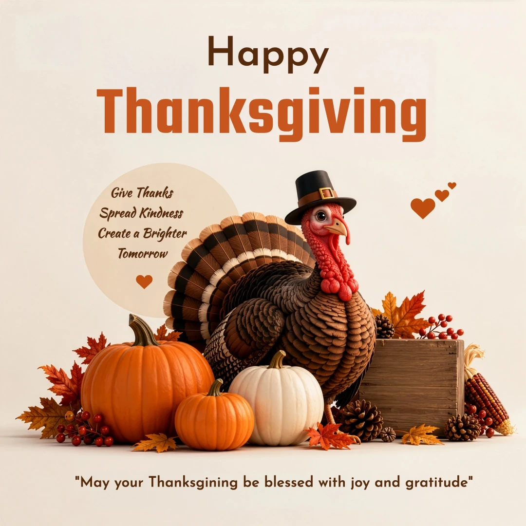 Happy Thanksgiving Wishes Image with Turkey and Pumpkins