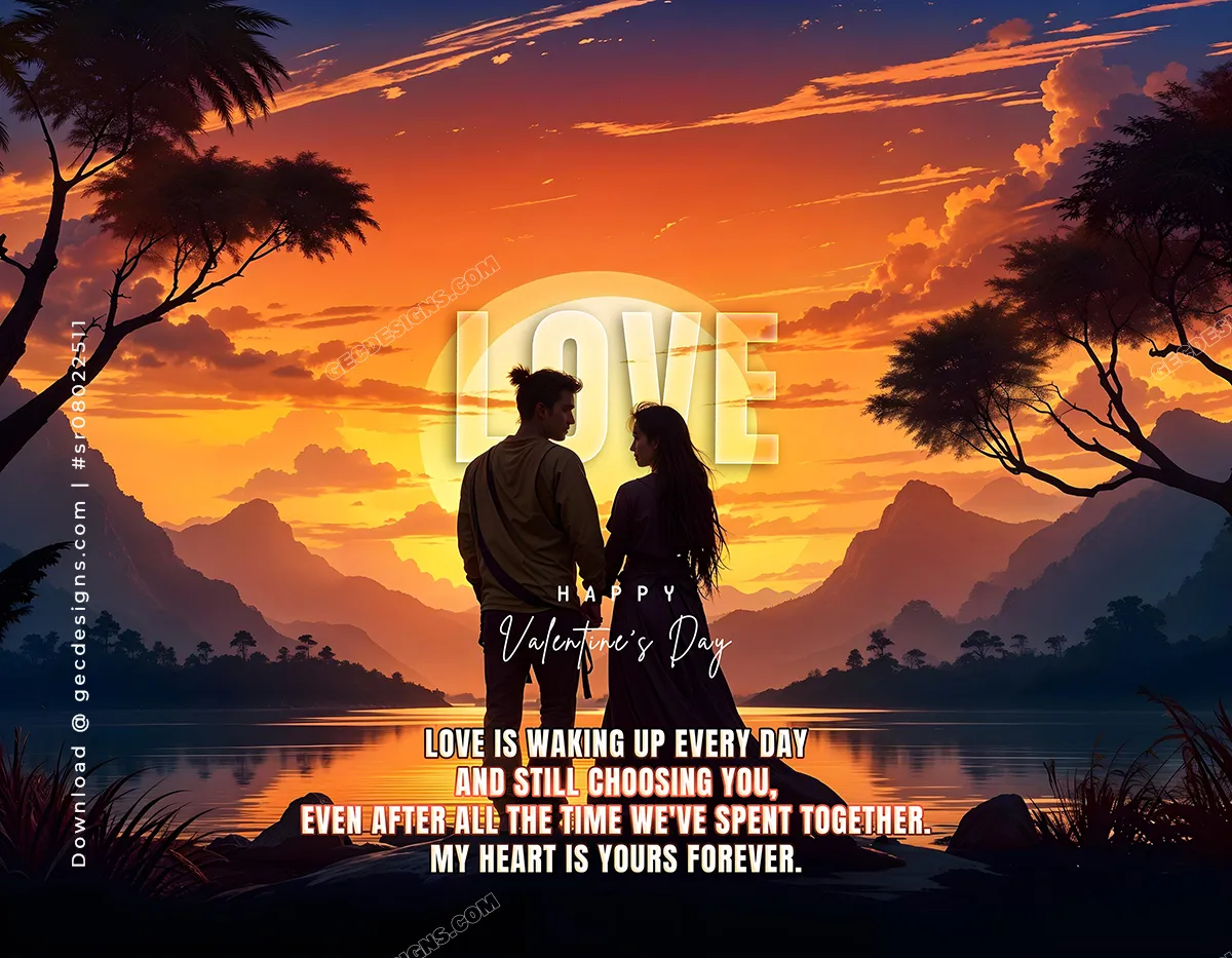 Happy Valentine’s Day wishes quotes with Romantic couple sunset twilight sky background