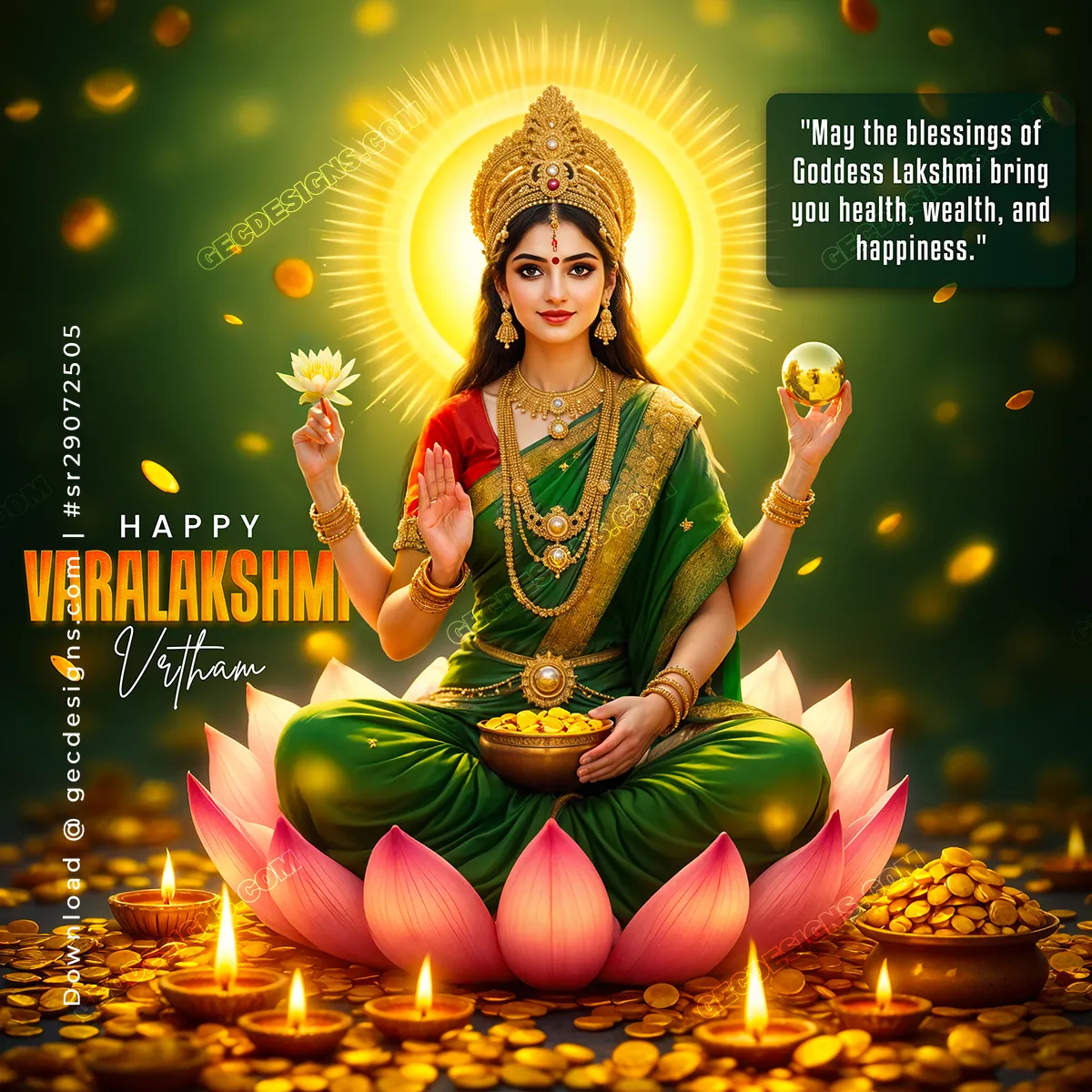 Happy Varalakshmi Vratham Image of Goddess Lakshmi in Green Saree with Diyas and Gold Coins