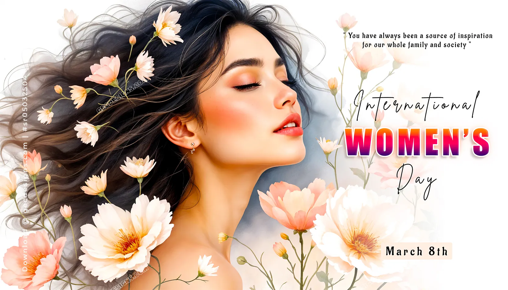 Happy Women's Day wishes with Flowers and a Beautiful woman's face