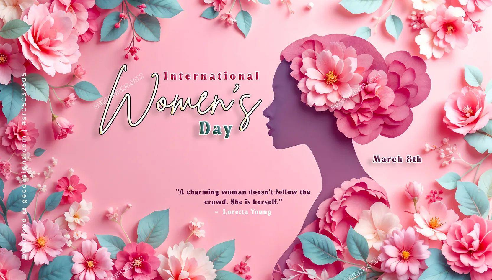 Happy Women's Day wishes, Young woman face with Flower decorative background