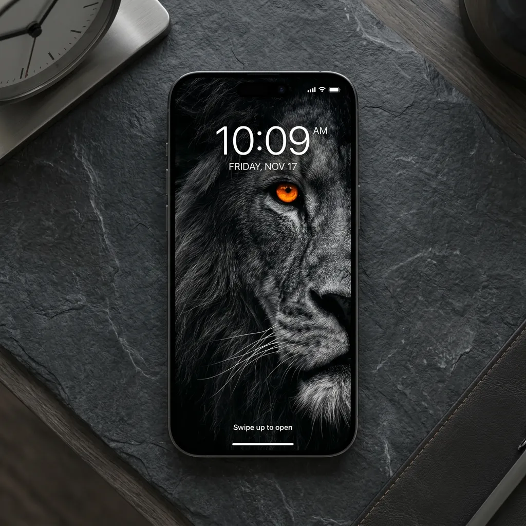 Hd black and white lion wallpaper with golden eyes mockup one