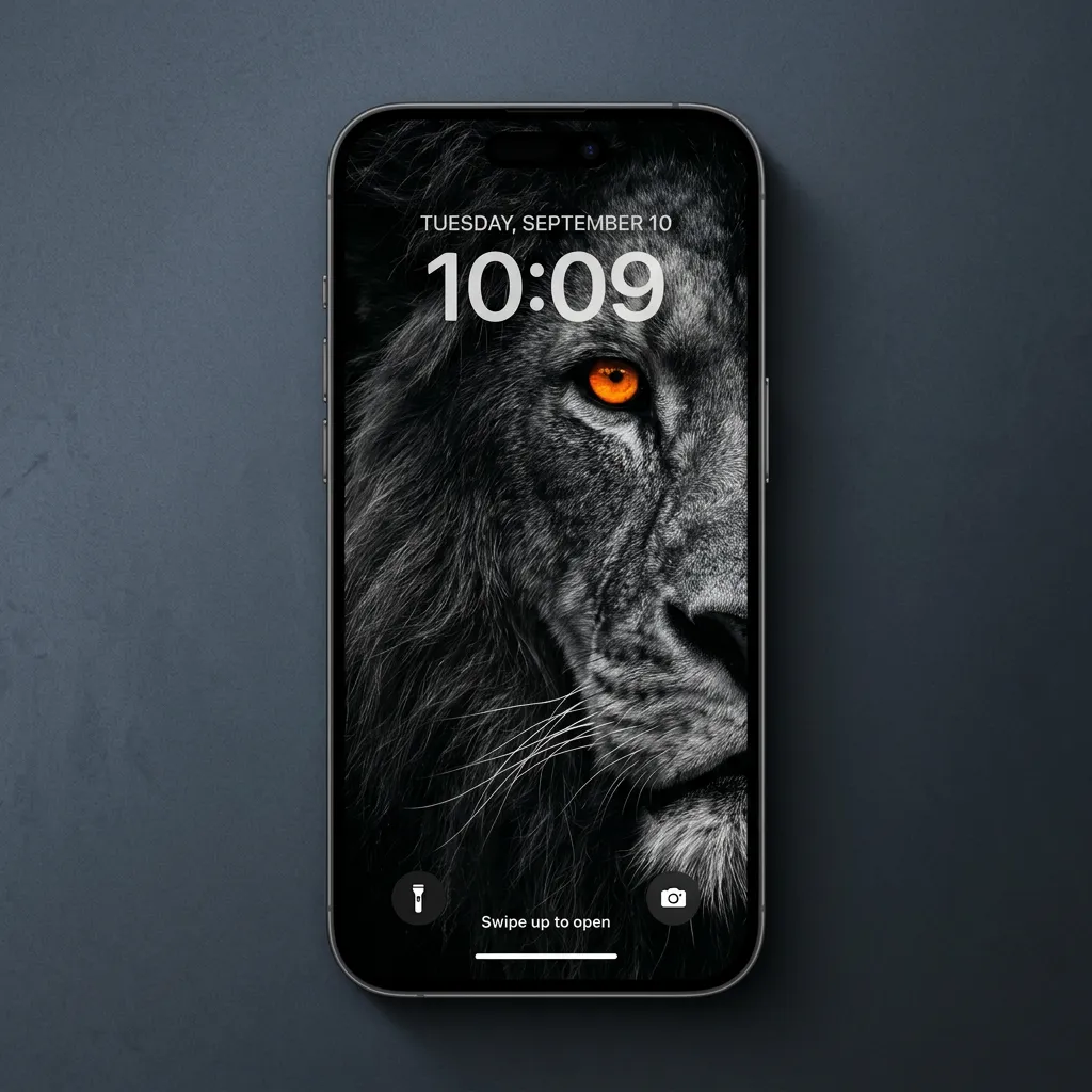 Hd black and white lion wallpaper with golden eyes mockup two
