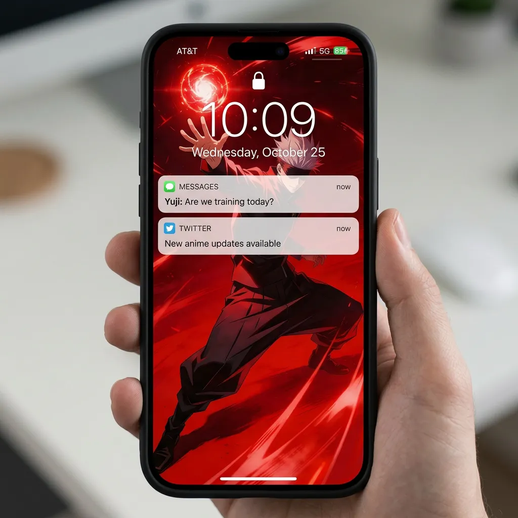 Hd gojo red energy wallpaper for iPhone lock screen mockup one
