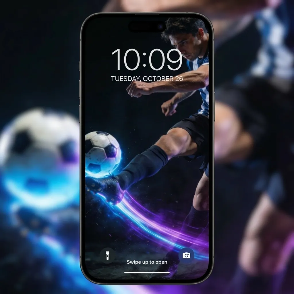 Hd neon soccer player iPhone wallpaper with blue purple trails mockup one