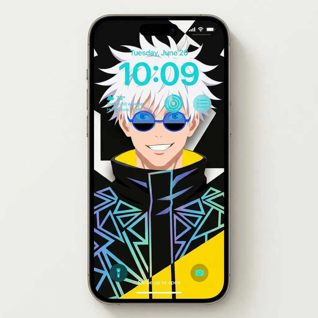 Hd satoru gojo wallpaper with bold graphic background mockup one