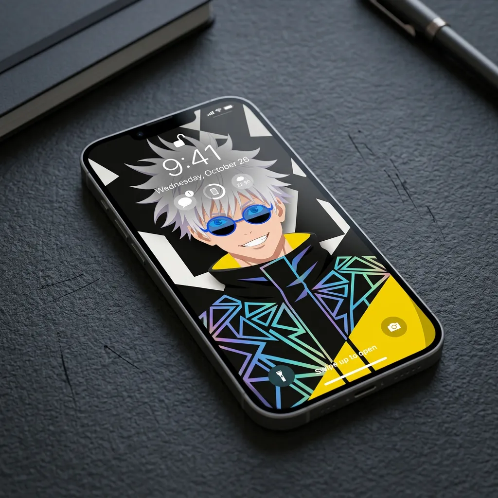 Hd satoru gojo wallpaper with bold graphic background mockup two