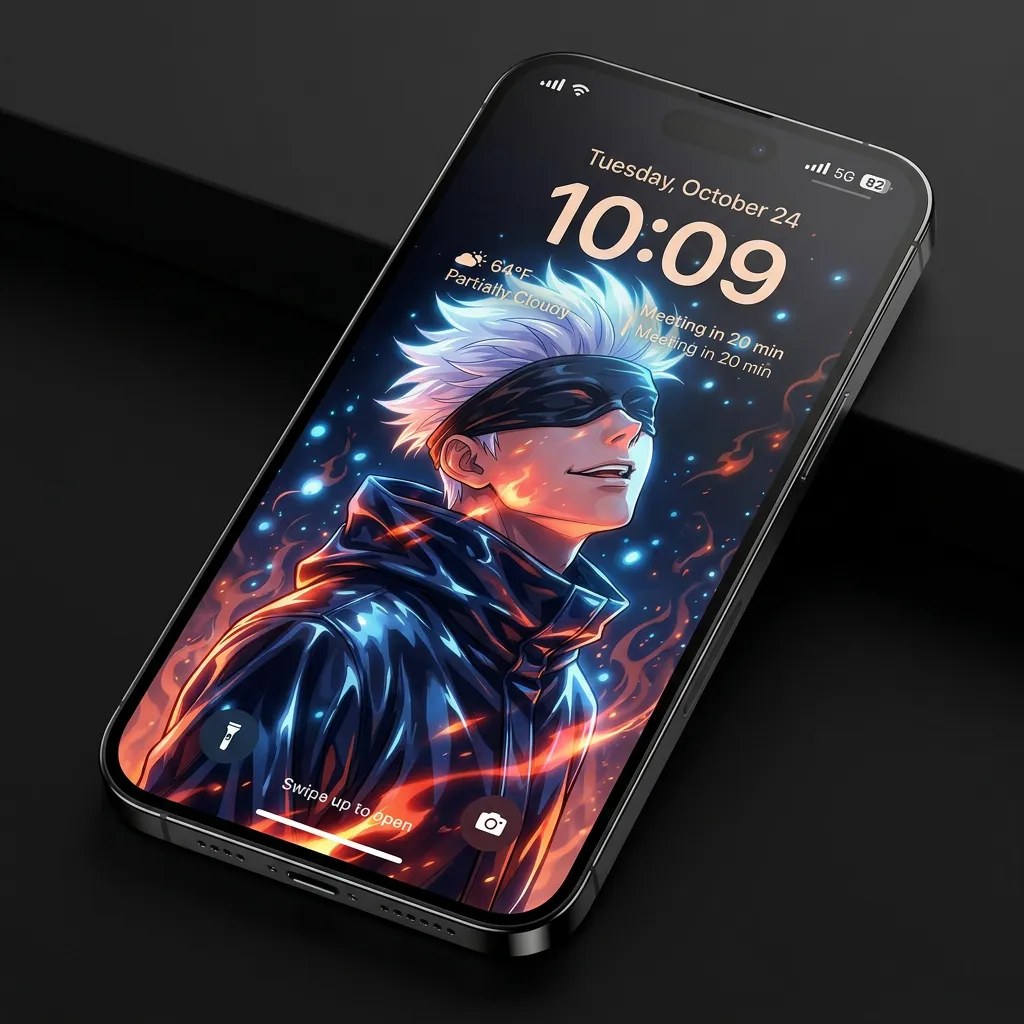 Hd satoru gojo wallpaper with fire and blue sparks mockup one