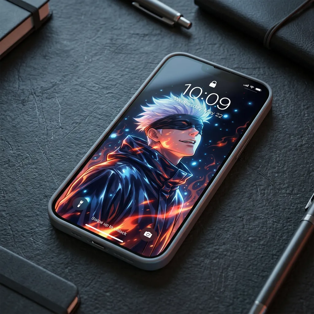 Hd satoru gojo wallpaper with fire and blue sparks mockup two
