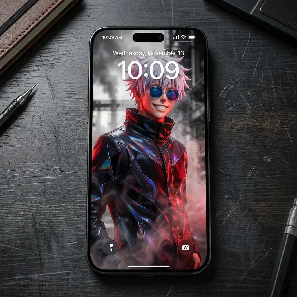 Hd satoru gojo wallpaper with glossy black jacket mockup one