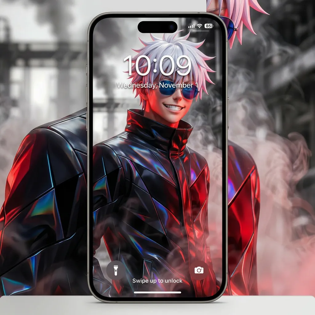 Hd satoru gojo wallpaper with glossy black jacket mockup two