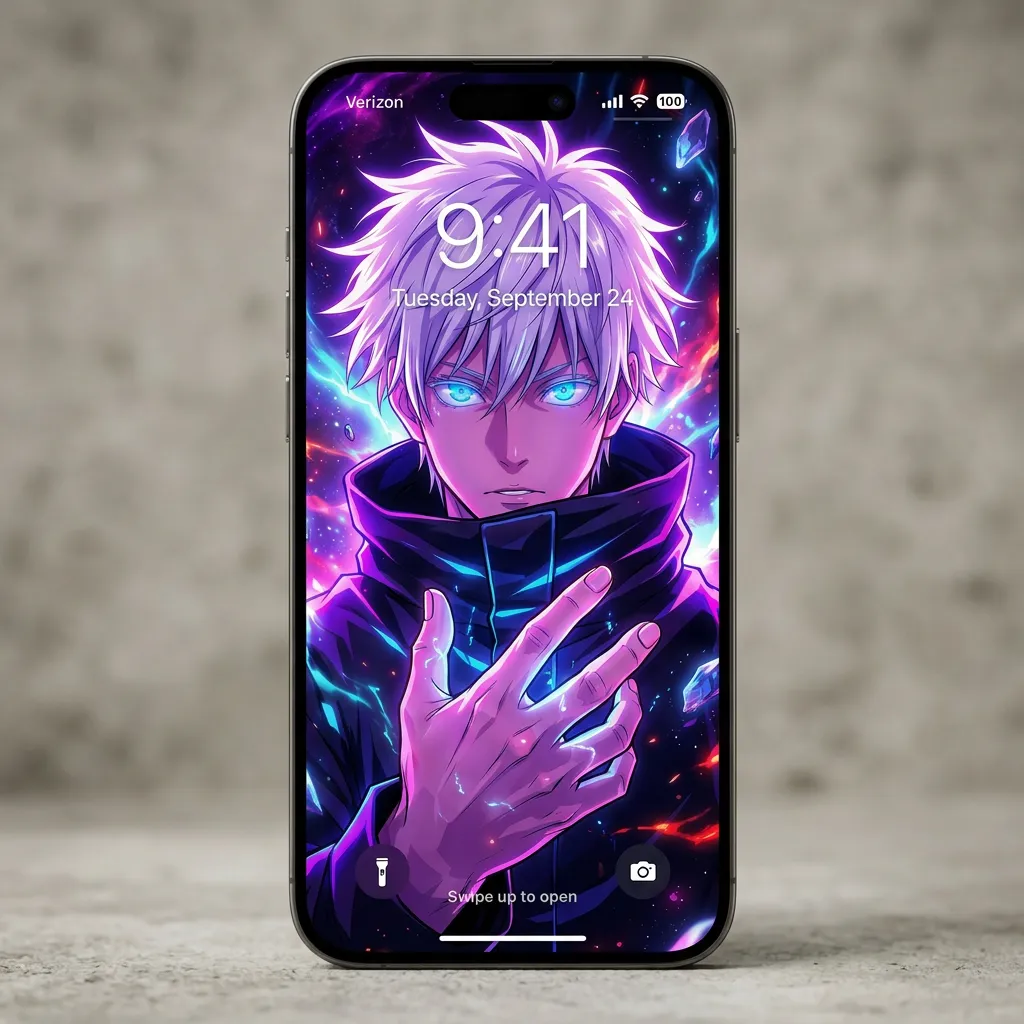 Hd satoru gojo wallpaper with glowing infinite aura mockup one