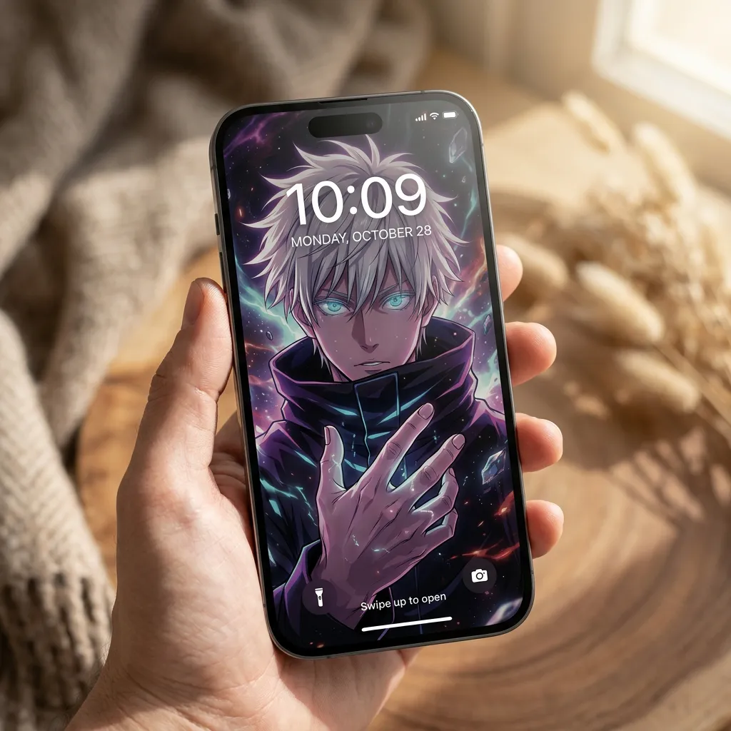 Hd satoru gojo wallpaper with glowing infinite aura mockup two
