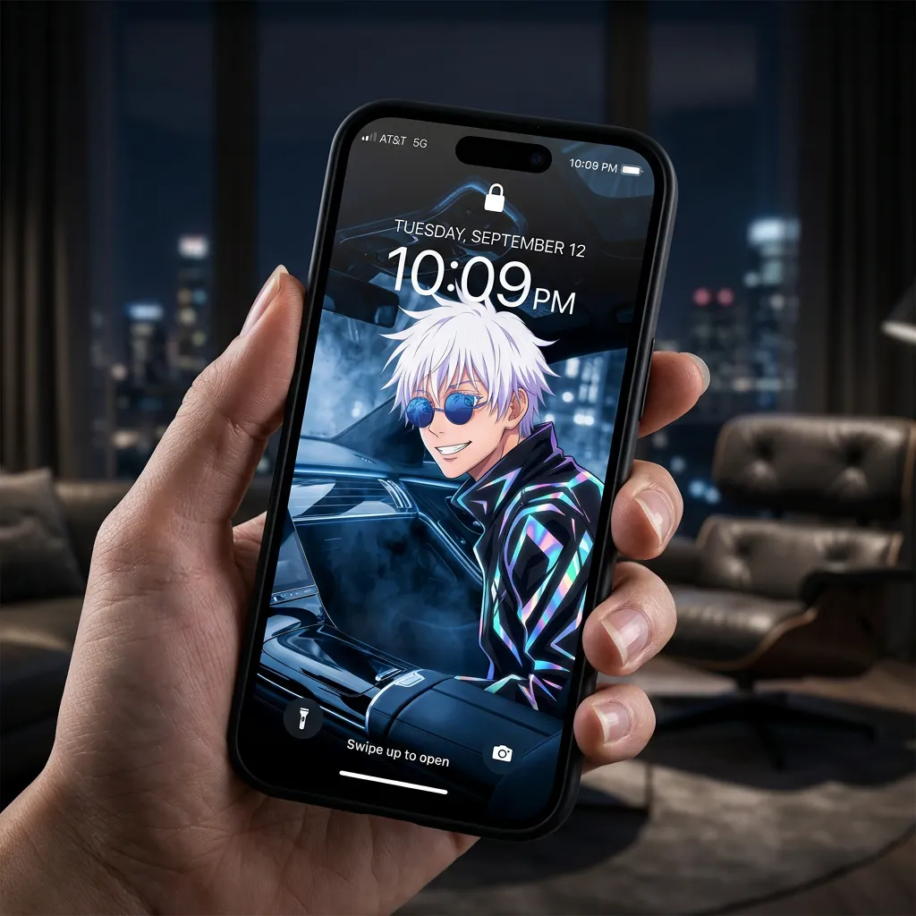 Hd satoru gojo wallpaper with premium night drive style mockup two