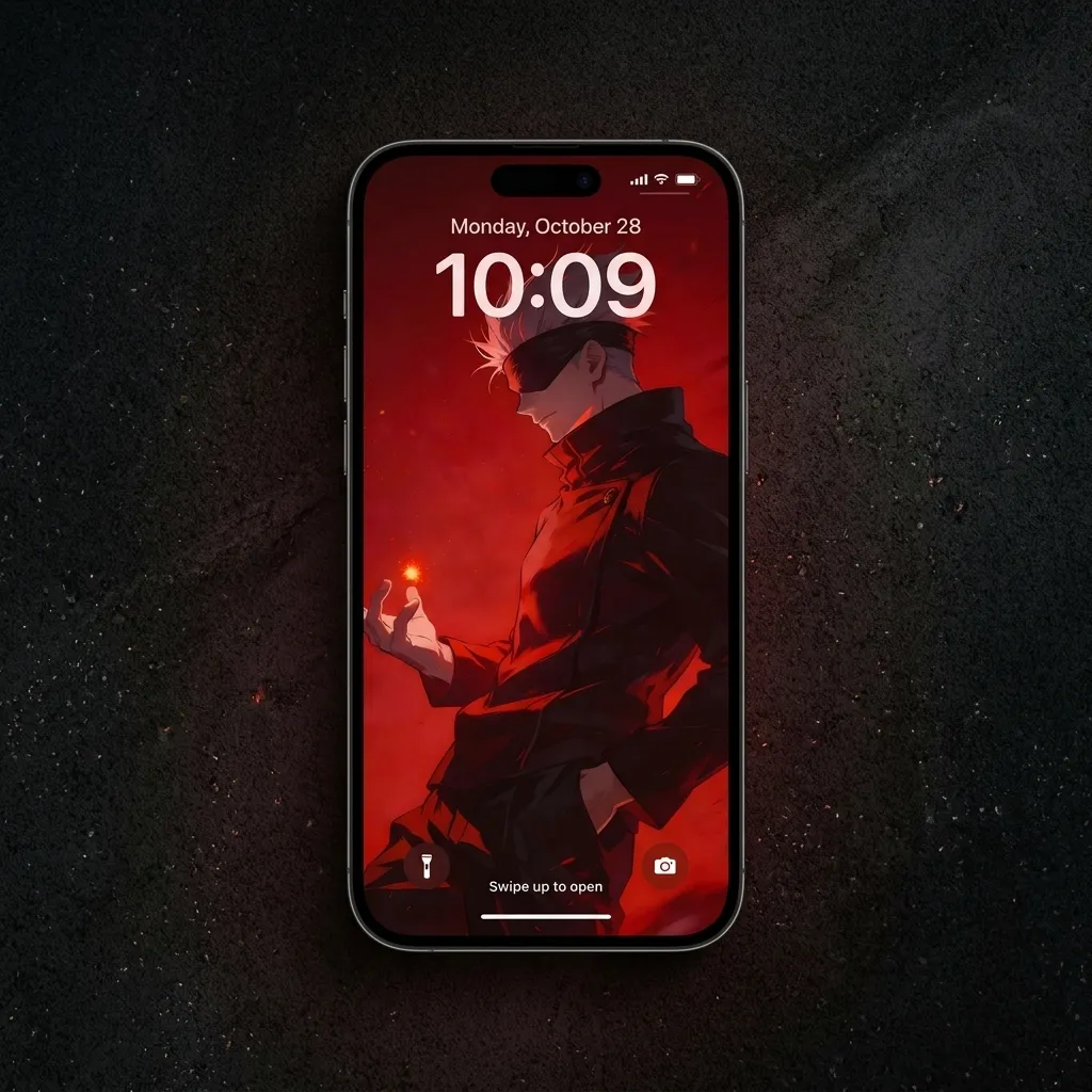 Hd satoru gojo wallpaper with red cursed energy glow mockup one