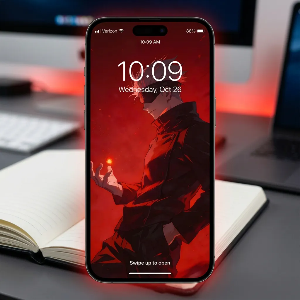 Hd satoru gojo wallpaper with red cursed energy glow mockup two