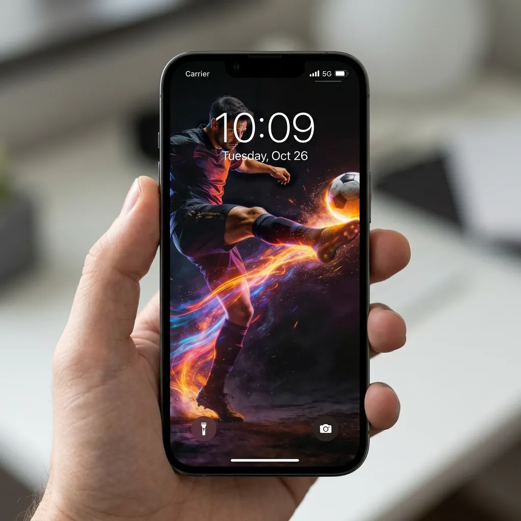 Hd soccer player iPhone wallpaper with fire light trails mockup one